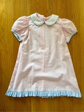 Pink Gingham Peter Pan Collar Kids Dress with Blue Trim
